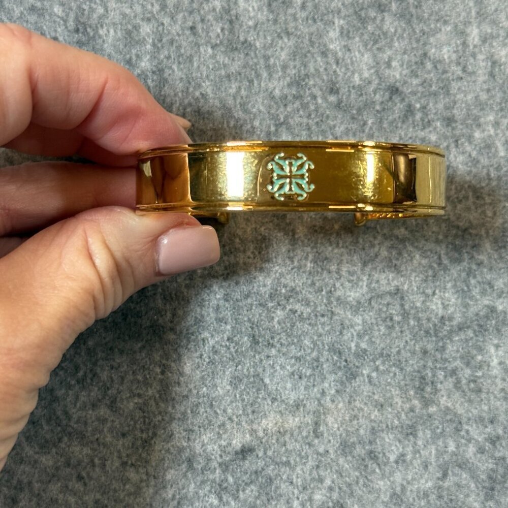Vintage Rustic Cuff Gold Tone Cuff Bracelet Women’s Jewelry Teal Enamel Logo